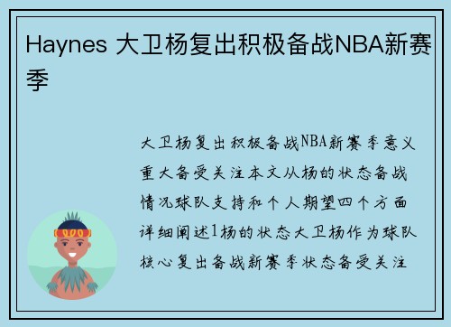 Haynes 大卫杨复出积极备战NBA新赛季