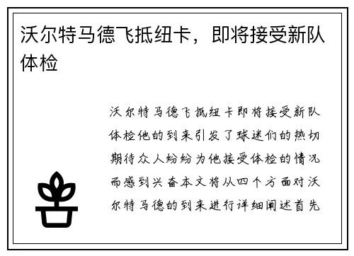 沃尔特马德飞抵纽卡，即将接受新队体检